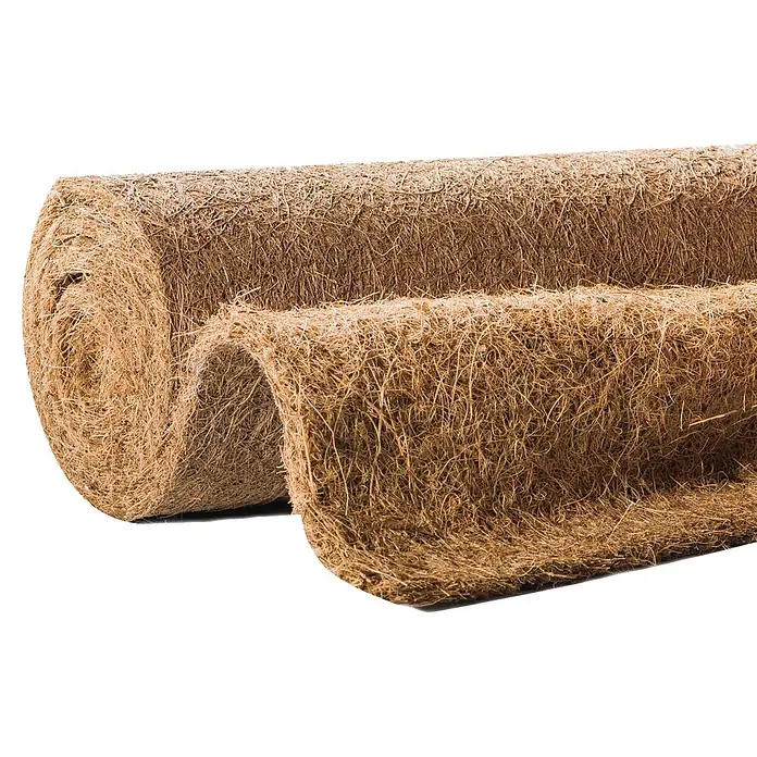 Windhager Winterschutz - B x L: 1 x 1,5 m, Kokosfaser, Beige - Zwei braune, faserige Kokosfasermatten-Rollen, eine teilweise abgerollt, zur Erosionskontrolle.