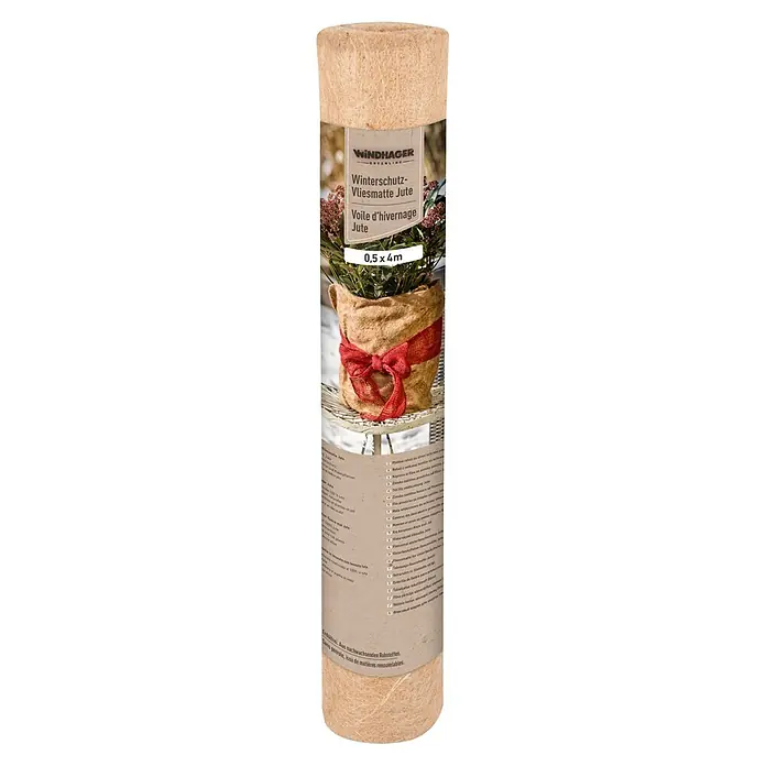 Windhager Jutevliesmatte - L x B: 4 x 0,5 m, Jutenaturfaser, Beige - Rolle aus Natur-Jute-Vliesmatte für Winterschutz, an Pflanze gezeigt.