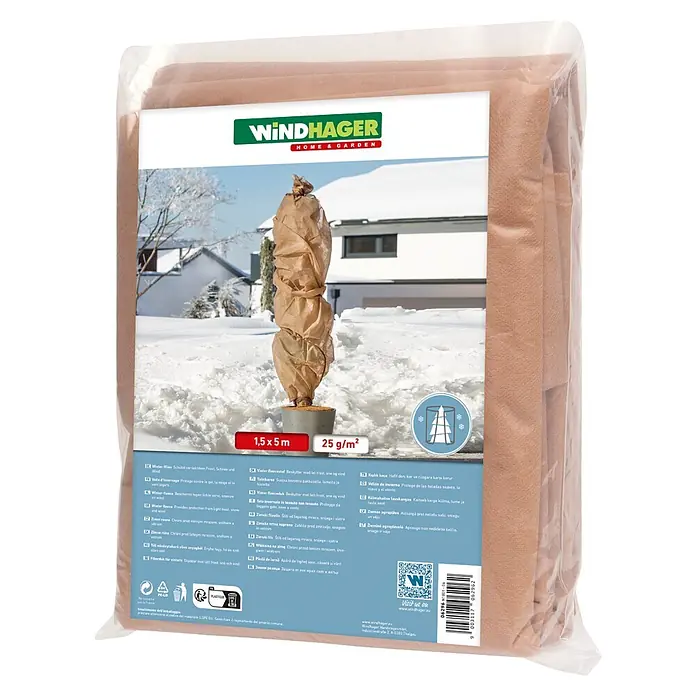 Windhager Winterschutzvlies - L x B: 5 x 1,5 m, Beige, 25 g/m², 1 Stk. - Verpacktes hellbraunes Wintervlies (1,5x5m, 25g/m²) zum Pflanzenschutz vor Frost, Schnee und Wind.