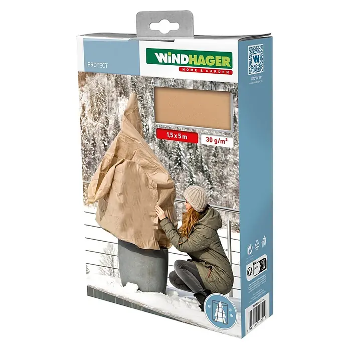 Windhager Winterschutzvlies - L x B: 5 x 1,5 m, Beige, Grammatur: 30 g/m² - Verpackung mit beigem Pflanzenschutzvlies, das über eine Topfpflanze im Schnee gezogen wird. Maße 1,5x5m, 30 g/m².