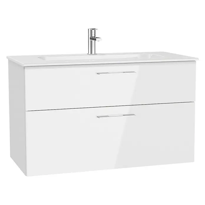 Camargue Aurinia Waschtischunterschrank - 100 x 48 x 60 cm, Weiß - Weißer Waschtischunterschrank mit zwei Schubladen und einem glänzenden Chromhahn für ein modernes Badezimmerdesign.