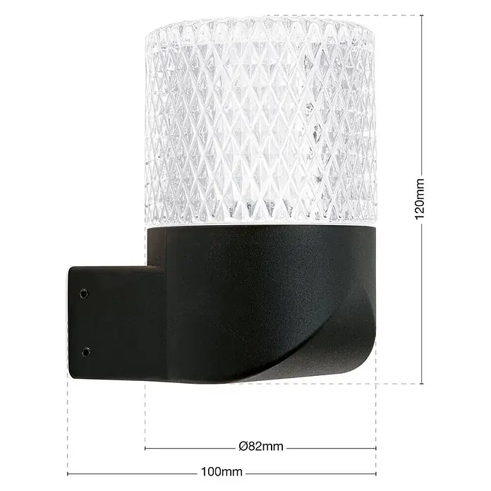 Orion Leuchten LED-Außenwandleuchte - 10 x 8,2 x 12 cm, IP65 - Schwarze Wandleuchte mit klarem, rautenförmigem Zylinderschirm. Maße: 120mm H, 82mm Ø, 100mm T.