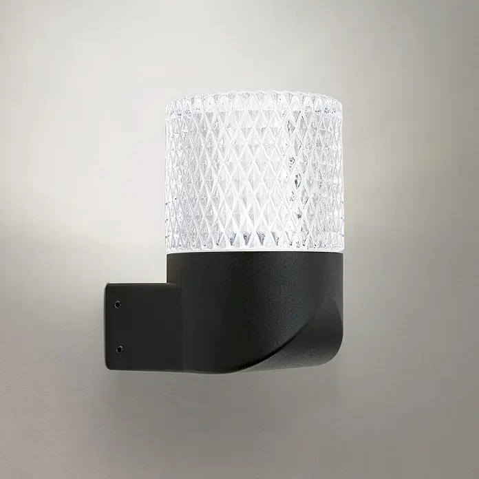 Orion Leuchten LED-Außenwandleuchte - 10 x 8,2 x 12 cm, IP65 - Schwarze Wandaußenleuchte mit klarem, gemustertem zylindrischem Diffusor.
