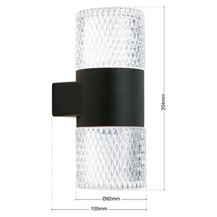 Orion Leuchten LED-Außenwandleuchte - 10 x 8,2 x 20,4 cm, IP65 - Schwarze Außenwandleuchte mit zwei klaren, rautenförmig strukturierten Zylinderdiffusoren für nach oben und unten gerichtetes Licht.
