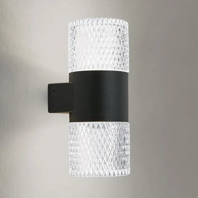 Orion Leuchten LED-Außenwandleuchte - 10 x 8,2 x 20,4 cm, IP65 - Moderne schwarze Außenwandleuchte mit zwei klaren, strukturierten Zylinderschirmen, die nach oben und unten leuchten.