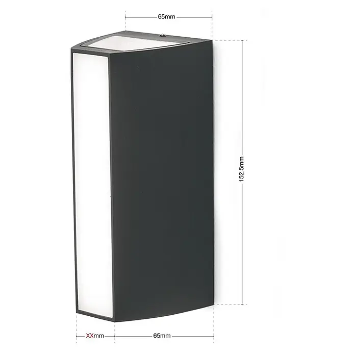 Orion Leuchten LED-Außenwandleuchte - 6,5 x 6,5 x 15,3 cm, IP65 - Dunkelgraue, moderne Wandleuchte mit eckigem Design und rechteckigem Leuchtfeld, bemaßt.