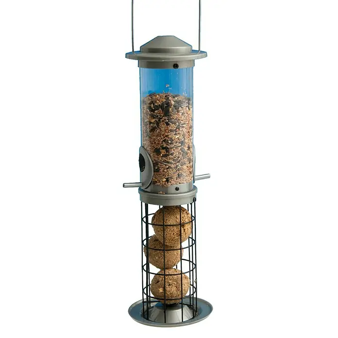 CocoBird Wildvogelfutter - 3 Stk. - Vogelhaus mit Futtersäule und Meisenknödelhalter aus Metall, bietet eine vielseitige Futterstelle für Gartenvögel.