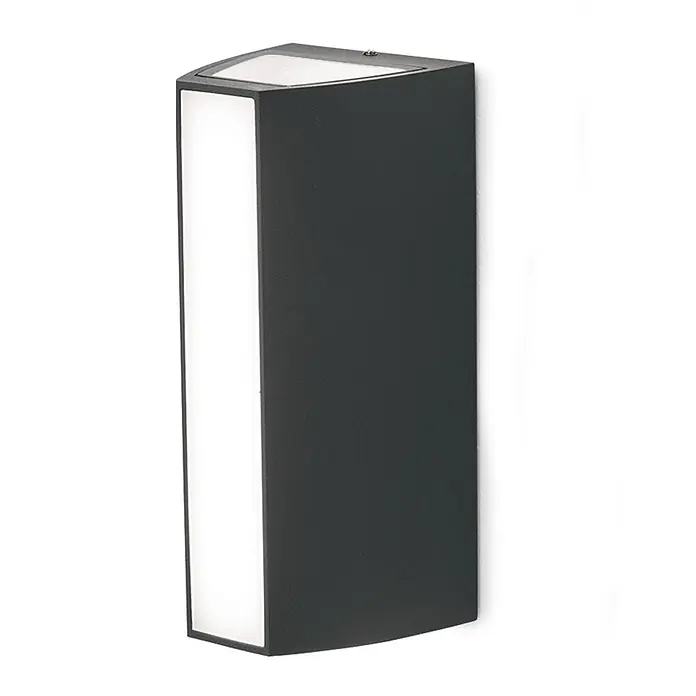 Orion Leuchten LED-Außenwandleuchte - 6,5 x 6,5 x 15,3 cm, IP65 - Dunkelgraue rechteckige Wandleuchte mit dreieckiger Oberseite und beleuchtetem vertikalen Streifen.