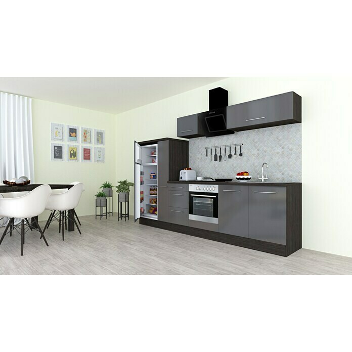 Respekta Premium Composición de cocina (Ancho: 300 cm, Con dispositivos eléctricos, Gris de alto brillo)