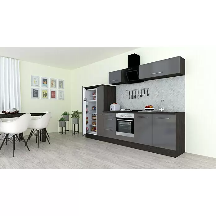 Respekta Premium Composición de cocina Amanda Alto - Ancho: 300 cm, Roble/Gris, Con electrodomésticos - Mueble de cocina moderno con armarios grisos y detalles de madera oscura, electrodomésticos integrados y salpicadero claro, en un hogar.