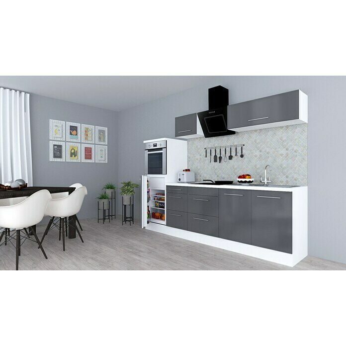 Respekta Premium Composición de cocina (Ancho: 270 cm, Con dispositivos eléctricos, Gris de alto brillo)