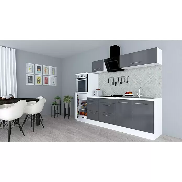 Respekta Premium Composición de cocina Amanda - Ancho: 270 cm, Blanco/Gris, Con electrodomésticos - Cocina moderna con armarios bajos y altos grises, encimeras blancas, horno integrado y zona de comedor con mesa oscura y sillas blancas.