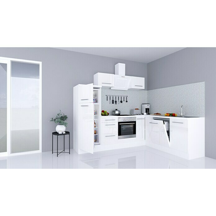 Respekta Premium Cocina esquinera (Ancho: 260 cm, Con dispositivos eléctricos, Blanco de alto brillo)