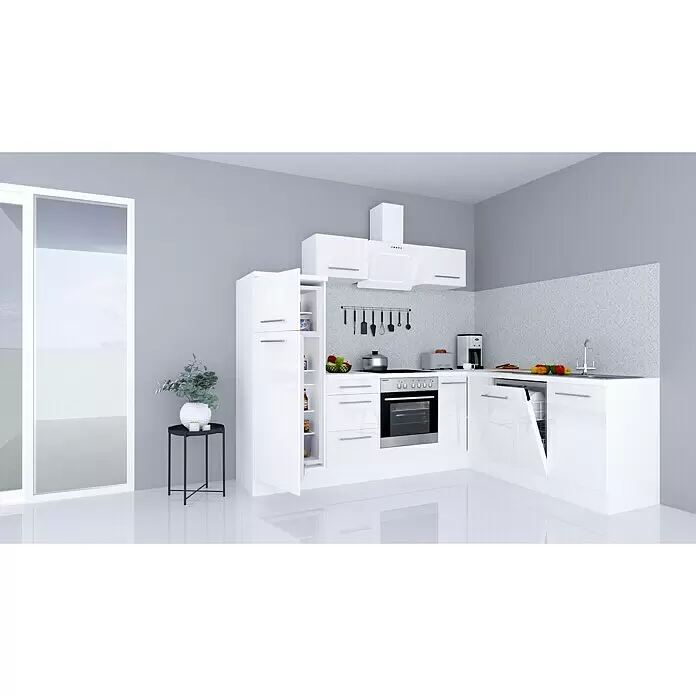 Respekta Premium Cocina esquinera Amanda - An x Pr: 260 x 60 cm, Blanco, Con electrodomésticos - Conjunto de cocina blanco brillante en forma de L con electrodomésticos integrados y almacenamiento, instalado en una cocina moderna.