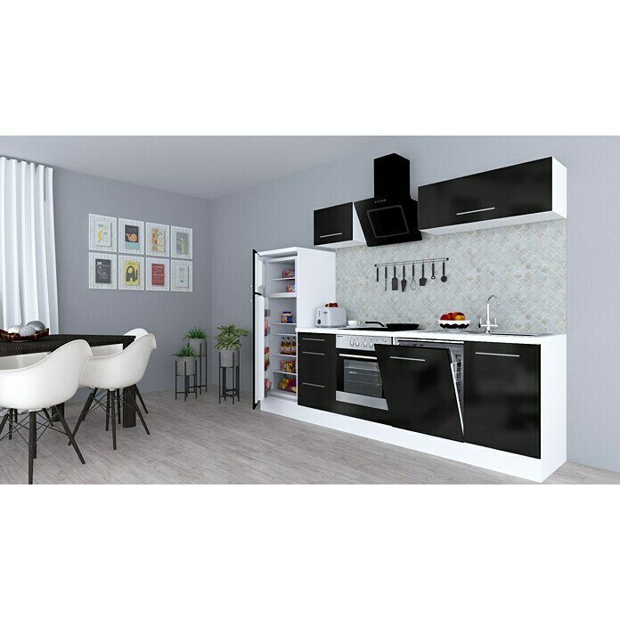 Respekta Premium Composición de cocina (Ancho: 280 cm, Con dispositivos eléctricos, Negro de alto brillo)