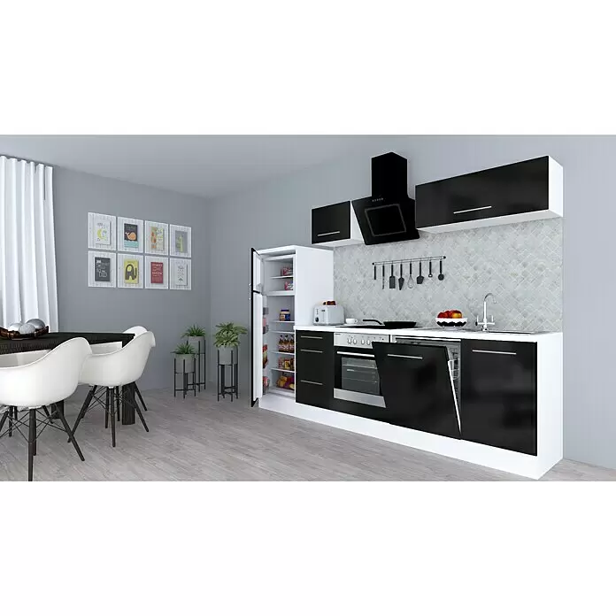 Respekta Premium Composición de cocina Amanda Alto - Ancho: 280 cm, Blanco/Negro, Con electrodomésticos - Cocina moderna blanca y negra con electrodomésticos integrados: nevera, horno, placa y fregadero, junto a un comedor.