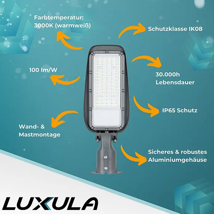 Luxula LED-Wandstrahler LED-Straßenleuchte - 30 W, Grau, Warmweiß - Dunkelgraue LED-Straßenleuchte, Funktionen wie 3000K warmweiß und robustes Aluminiumgehäuse auf türkisfarbenem Hintergrund zeigend.