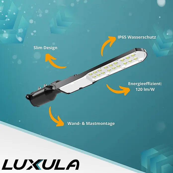 Luxula LED-Wandstrahler LED-Straßenleuchte - 50 W, Schwarz, Neutralweiß - Schlanke, energieeffiziente schwarze und weiße LED-Straßenleuchte mit IP65-Wasserschutz, für Wand- und Mastmontage.