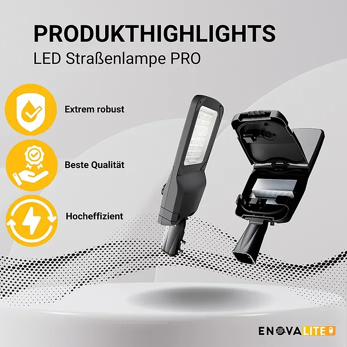 Enovalite LED-Wandstrahler LED-Straßenleuchte - 80 W, Schwarz, Neutralweiß - Zwei schwarze LED-Straßenlampen, eine geschlossen, eine offen mit Blick auf die interne Elektronik.