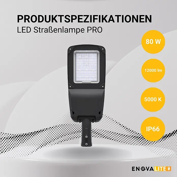 Enovalite LED-Wandstrahler LED-Straßenleuchte - 80 W, Schwarz, Neutralweiß - Schwarze LED-Straßenlampe mit rechteckigem LED-Panel. Spezifikationen: 80W, 12000lm, 5000K, IP66.