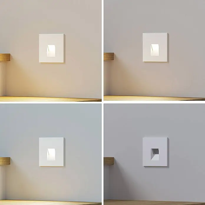 Arcchio Wandleuchte Vexi - weiß / opal - Weiße quadratische Einbauleuchte mit schrägem Inneren. Zeigt Beleuchtung in Warmweiß, Kaltweiß und ausgeschaltet.