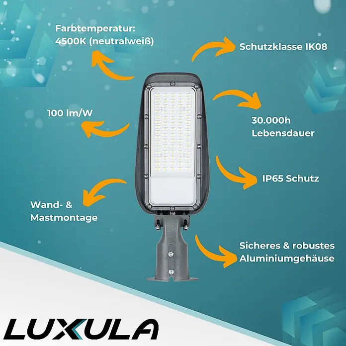 Luxula LED-Wandstrahler LED-Straßenleuchte - 100 W, Grau, Neutralweiß - Graue, robuste LED-Straßenleuchte mit Aluminiumgehäuse, mit technischen Spezifikationen, auf blauem Hintergrund.