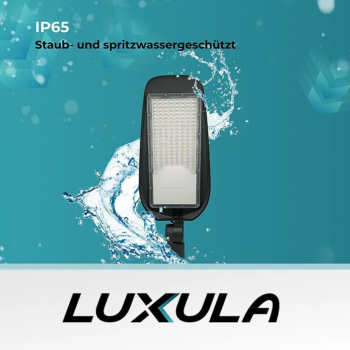 Luxula LED-Wandstrahler LED-Straßenleuchte - 100 W, Schwarz, Neutralweiß - Schwarze LED-Straßenlaterne, IP65 staub- und spritzwassergeschützt, mit Wasserspritzern.