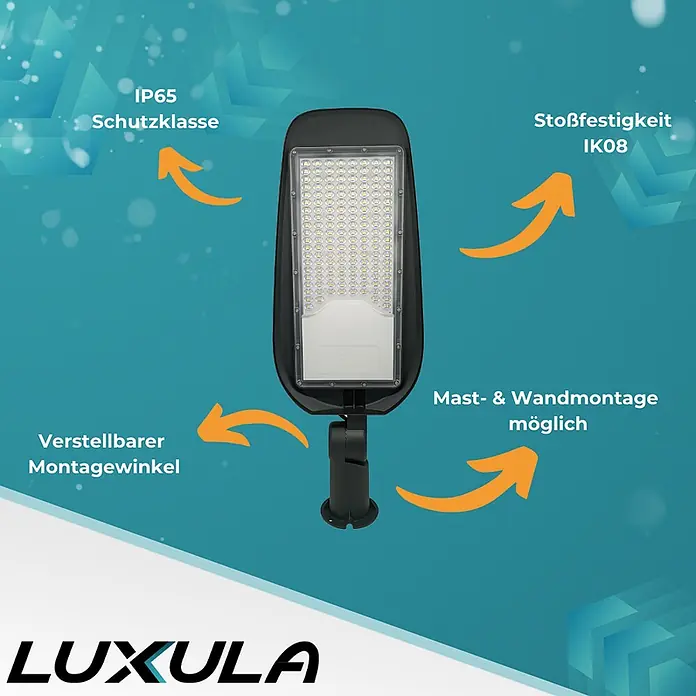 Luxula LED-Wandstrahler LED-Straßenleuchte - 100 W, Schwarz, Neutralweiß - Schwarze LED-Außenleuchte mit hervorgehobenen Merkmalen: IP65, IK08, verstellbare Halterung, Mast-/Wandmontage.