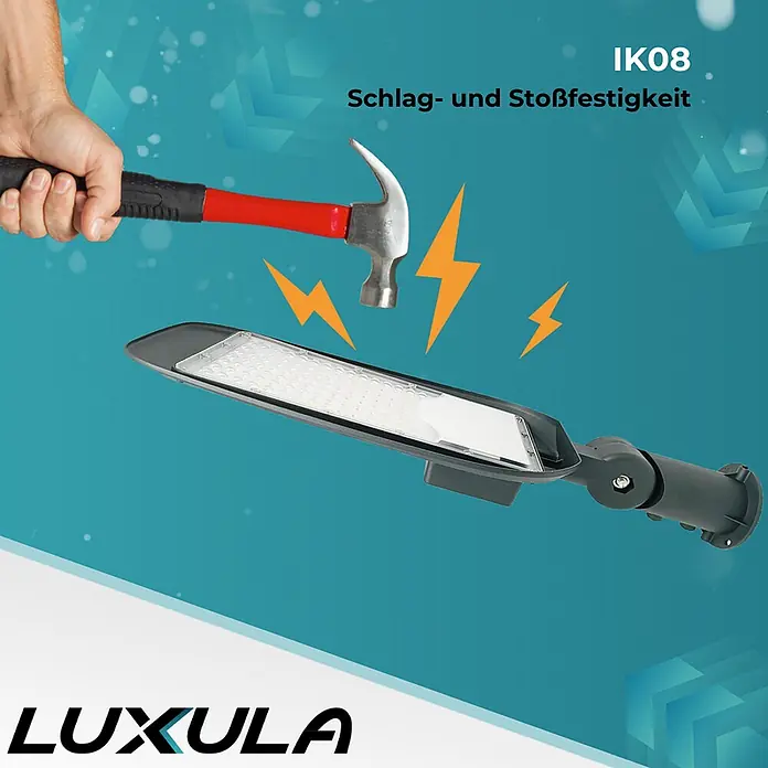 Luxula LED-Wandstrahler LED-Straßenleuchte - 100 W, Schwarz, Neutralweiß - Dunkelgraue LED-Außenleuchte, die einem Hammerschlag standhält, was auf IK08-Schlagfestigkeit hinweist.