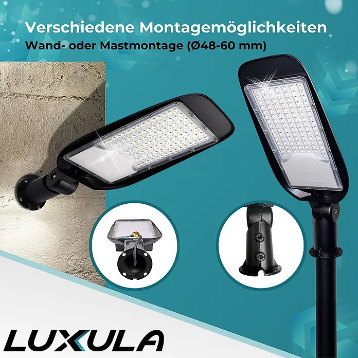 Luxula LED-Wandstrahler LED-Straßenleuchte - 100 W, Schwarz, Neutralweiß - Schwarze LED-Straßenleuchte mit Optionen zur Wand- oder Mastmontage (Ø48-60mm), zeigt vielseitige Installation.