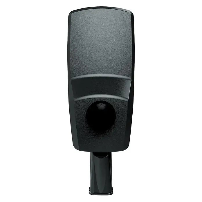 Enovalite LED-Wandstrahler LED-Straßenleuchte - 30 W, Schwarz, Neutralweiß - Schwarz, texturierter rechteckiger Sensor/Leuchte mit runder Linse auf einem Ständer montiert.