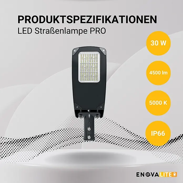 Enovalite LED-Wandstrahler LED-Straßenleuchte - 30 W, Schwarz, Neutralweiß - Schwarze LED-Straßenleuchte mit rechteckigem Feld aus vielen LEDs auf der Vorderseite.