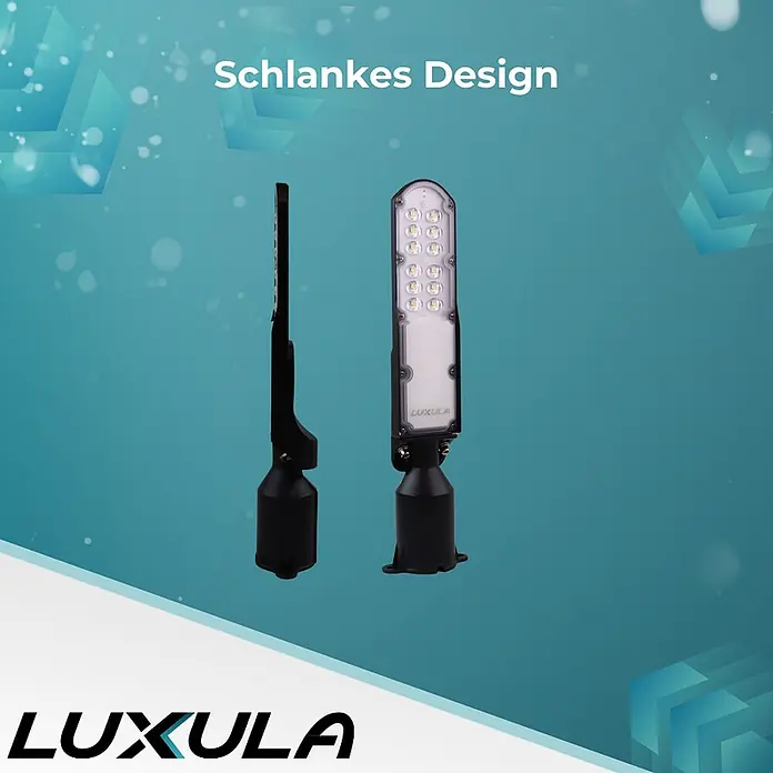Luxula LED-Wandstrahler LED-Straßenleuchte - 30 W, Schwarz, Neutralweiß - Zwei schlanke schwarze LED-Leuchten mit weißen LEDs und 'Luxula'-Branding, von Seite und vorne mit Montagefüßen.