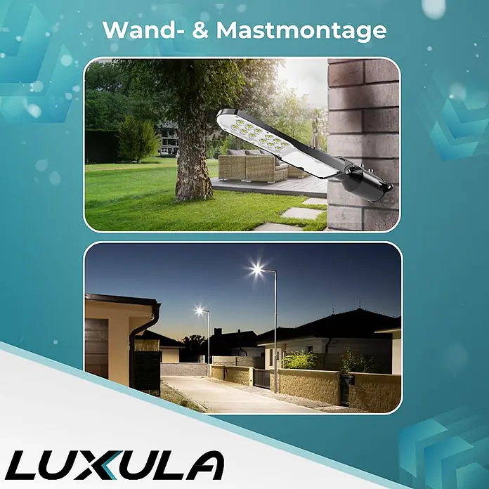 Luxula LED-Wandstrahler LED-Straßenleuchte - 150 W, Schwarz, Neutralweiß - Schwarze LED-Straßenleuchten an Wand und Mast montiert, beleuchten Garten und Straße bei Nacht.