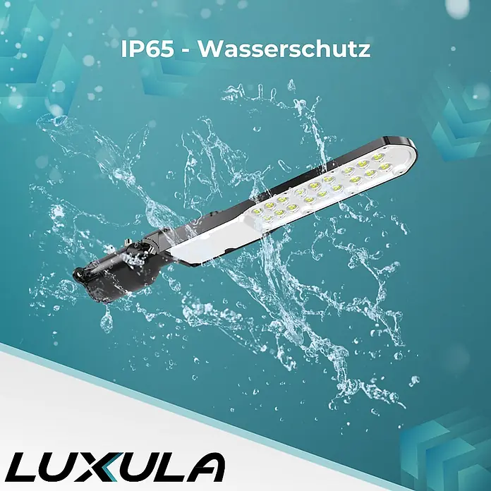 Luxula LED-Wandstrahler LED-Straßenleuchte - 150 W, Schwarz, Neutralweiß - Schwarze und weiße LED-Außenleuchte, umspült von Wasser, um den IP65-Wasserschutz zu zeigen.