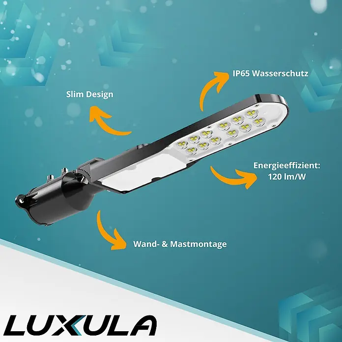 Luxula LED-Wandstrahler LED-Straßenleuchte - 30 W, Schwarz, Neutralweiß - Schwarze LED-Straßenleuchte, schlankes Design, IP65 wasserdicht, energieeffizient für Wand- oder Mastmontage.