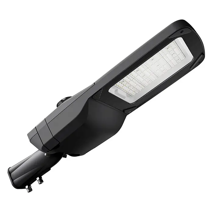 Enovalite LED-Wandstrahler LED-Straßenleuchte - 150 W, L x B x H: 718 x 278 x 103 mm, Schwarz, Warmweiß - Moderne dunkelgraue LED-Straßenleuchte mit rechteckigem Kopf, sichtbaren LED-Modulen und Montagearm.