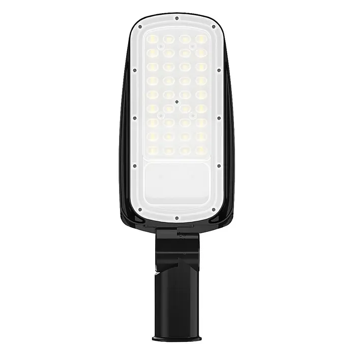Enovalite LED-Wandstrahler LED-Straßenleuchte - 30 W, Schwarz, Neutralweiß - Schwarze LED-Straßenleuchte mit mehreren gelblich leuchtenden LEDs zur Mastmontage.