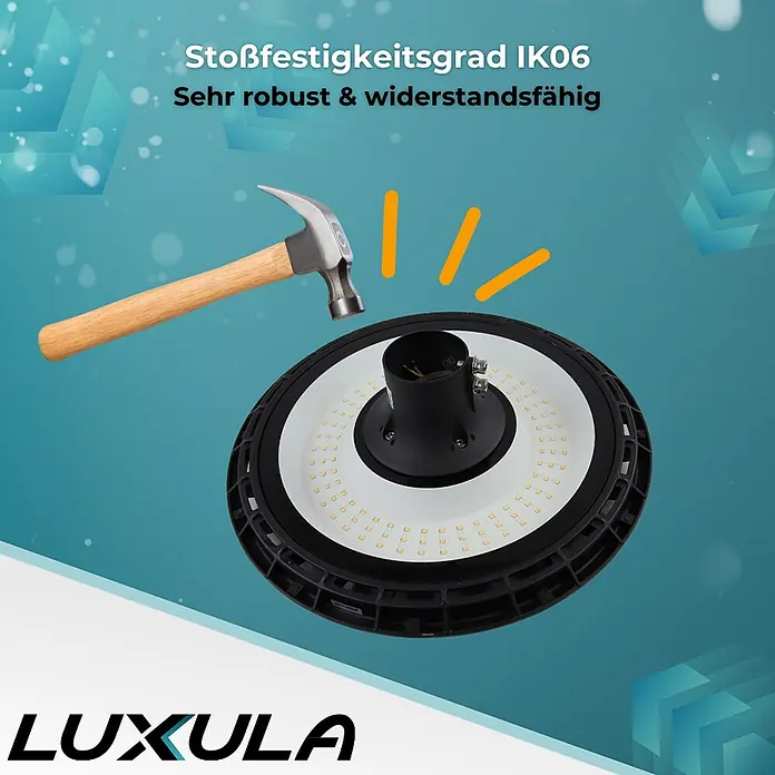 Luxula LED-Wandstrahler LED-Straßenleuchte - 60 W, Schwarz, Warmweiß - Runde, schwarz-weiße LED-Leuchte wird von Hammer getroffen, zeigt IK06 Stoßfestigkeit.
