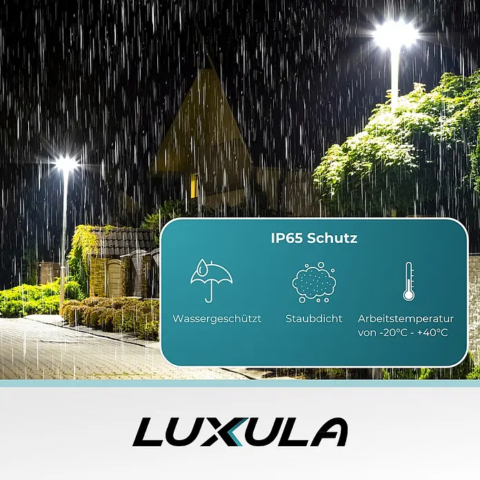 Luxula LED-Wandstrahler LED-Straßenleuchte - 60 W, Schwarz, Warmweiß - Luxula Außenleuchten erhellen eine regnerische Nacht, mit IP65 Wasser- und Staubschutz.