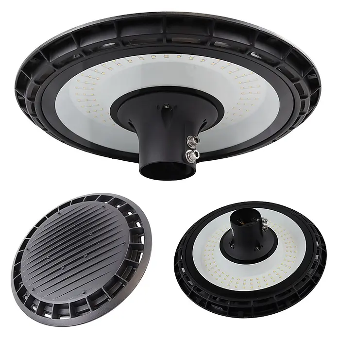Luxula LED-Wandstrahler LED-Straßenleuchte - 60 W, Schwarz, Warmweiß - Dunkelgraue runde LED-Straßenleuchte mit vielen kleinen LEDs und zentraler Stangenhalterung, aus verschiedenen Blickwinkeln.