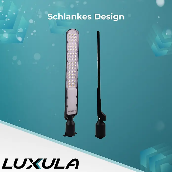 Luxula LED-Wandstrahler LED-Straßenleuchte - 150 W, Schwarz, Neutralweiß - Zwei schlanke schwarze LED-Straßenleuchten, eine mit leuchtenden LEDs, die andere im Seitenprofil.