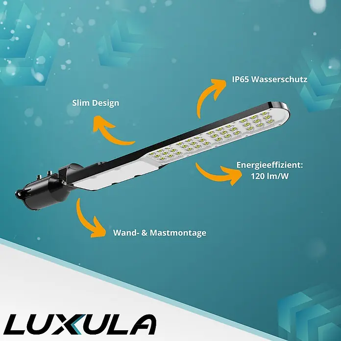 Luxula LED-Wandstrahler LED-Straßenleuchte - 100 W, Schwarz, Neutralweiß - Schwarze LED-Straßenleuchte mit schlankem Design, betont IP65 Wasserschutz, Energieeffizienz und Wand-/Mastmontage.