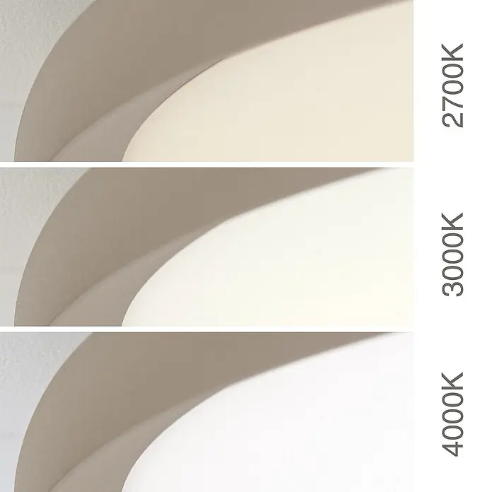 Orion Leuchten LED-Deckenleuchte rund -  - Demonstration von Lichtfarbtemperaturen: 2700K (warm), 3000K (neutral), 4000K (kühl) auf einer gewölbten Fläche.