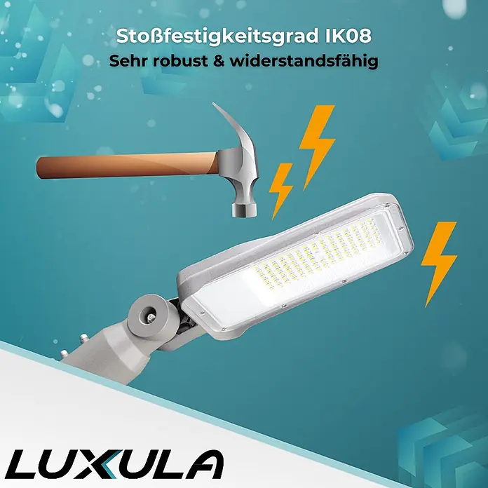 Luxula LED-Wandstrahler LED-Straßenleuchte - 50 W, Grau, Neutralweiß - Grauer LED-Fluter, von einem Hammer getroffen, mit Blitzsymbolen für IK08-Stoßfestigkeit.
