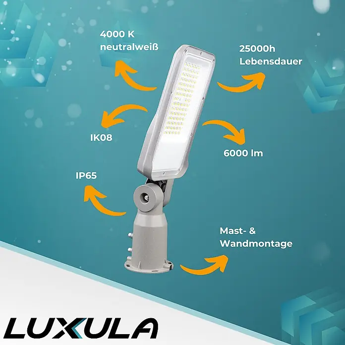 Luxula LED-Wandstrahler LED-Straßenleuchte - 50 W, Grau, Neutralweiß - Graue LUXULA LED Straßenleuchte mit verstellbarer Halterung für Mast- oder Wandmontage.