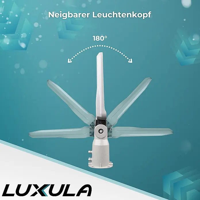 Luxula LED-Wandstrahler LED-Straßenleuchte - 50 W, Grau, Neutralweiß - Silberner Leuchtenkopf mit sechs Panelen, der eine 180°-Neigungsverstellung zeigt.