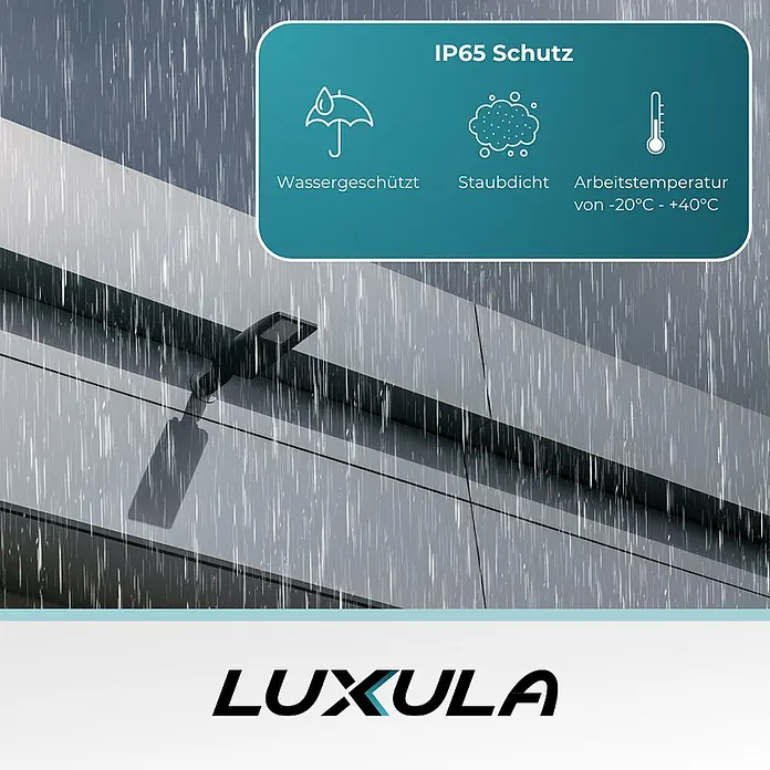 Luxula LED-Wandstrahler LED-Straßenleuchte - 50 W, Grau, Neutralweiß - Dunkelgraue Außen-LED-Leuchte an einem Gebäude, im Regen mit IP65-Wetterschutzmerkmalen dargestellt.