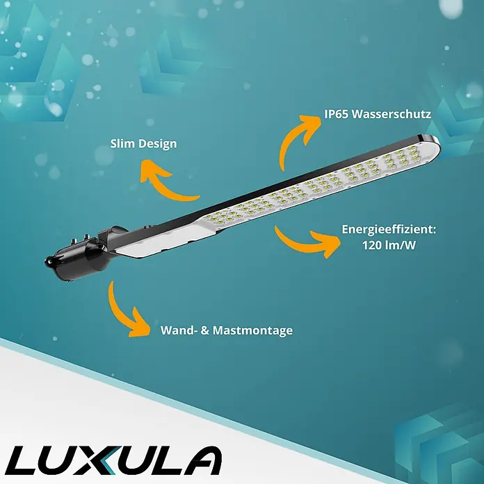 Luxula LED-Wandstrahler LED-Straßenleuchte - 150 W, Schwarz, Neutralweiß - Schlanke schwarze LED-Straßenleuchte mit weißen LEDs, IP65 wasserdicht, 120 lm/W energieeffizient, für Wand- und Mastmontage.
