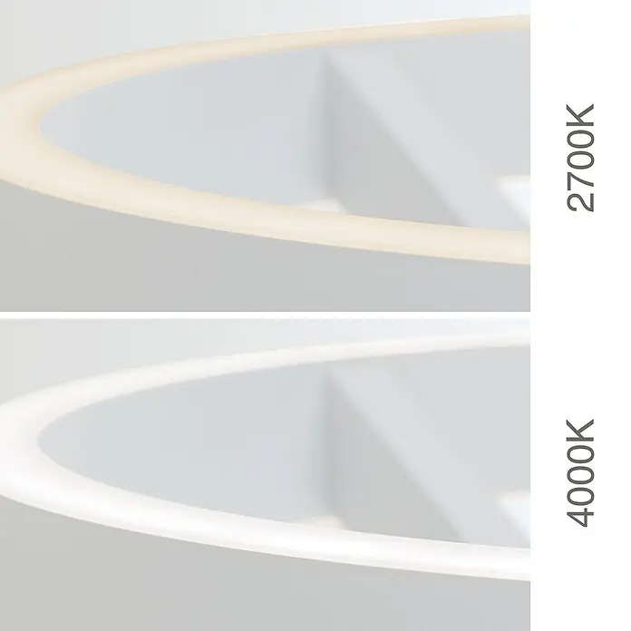 Orion Leuchten LED-Stehleuchte - 40 W, Höhe: 180 cm - Runde Leuchte, die warmes 2700K Licht (oben) und kühles 4000K Licht (unten) zeigt.